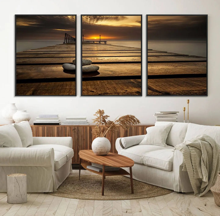A Stones on Wooden Pier at Sunset canvas print featuring serene coastal art.