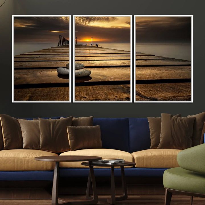 A Stones on Wooden Pier at Sunset canvas print featuring serene coastal art.