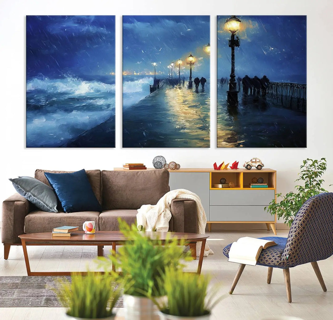 The "Storm Ocean Pier Canvas Wall Art Print - Large Moody Night Scene Print, Seaside Wall Decor" captures the essence of a rainy, stormy ocean pier.