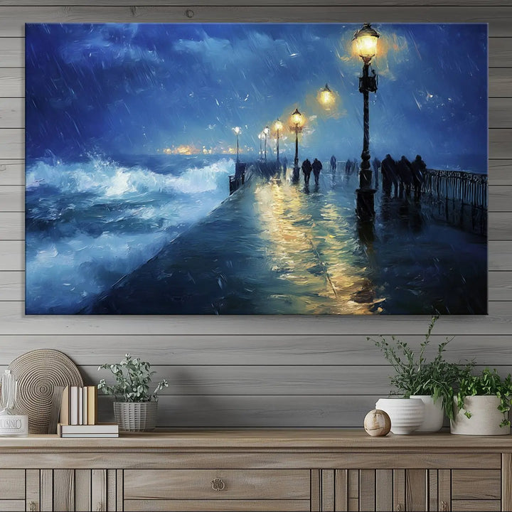 The "Storm Ocean Pier Canvas Wall Art Print - Large Moody Night Scene Print, Seaside Wall Decor" captures the essence of a rainy, stormy ocean pier.