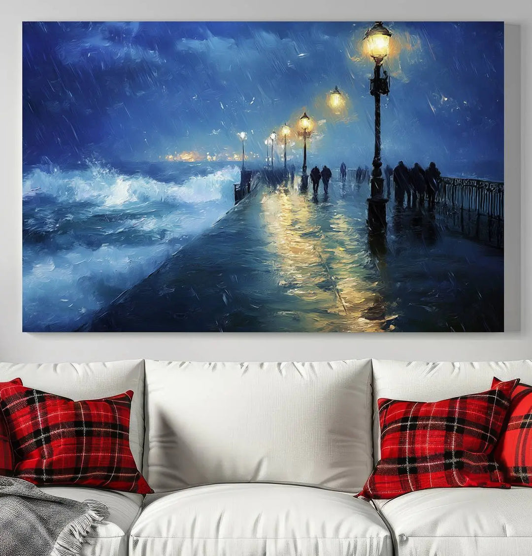 The "Storm Ocean Pier Canvas Wall Art Print - Large Moody Night Scene Print, Seaside Wall Decor" captures the essence of a rainy, stormy ocean pier.