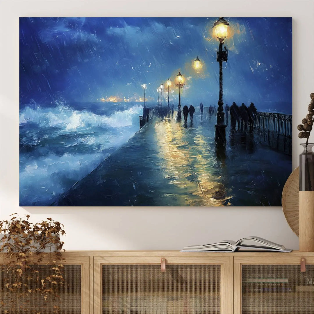 The "Storm Ocean Pier Canvas Wall Art Print - Large Moody Night Scene Print, Seaside Wall Decor" captures the essence of a rainy, stormy ocean pier.