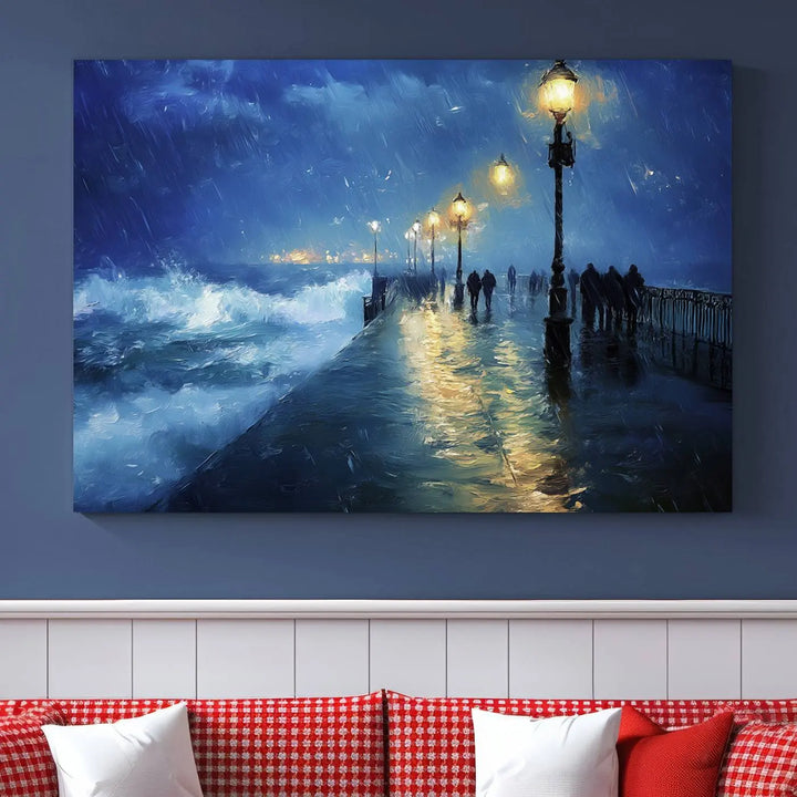 The "Storm Ocean Pier Canvas Wall Art Print - Large Moody Night Scene Print, Seaside Wall Decor" captures the essence of a rainy, stormy ocean pier.