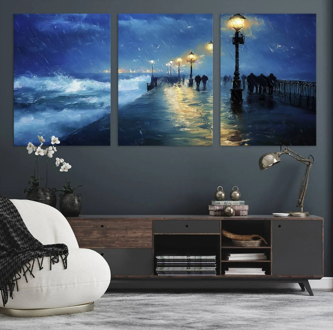 The "Storm Ocean Pier Canvas Wall Art Print - Large Moody Night Scene Print, Seaside Wall Decor" captures the essence of a rainy, stormy ocean pier.