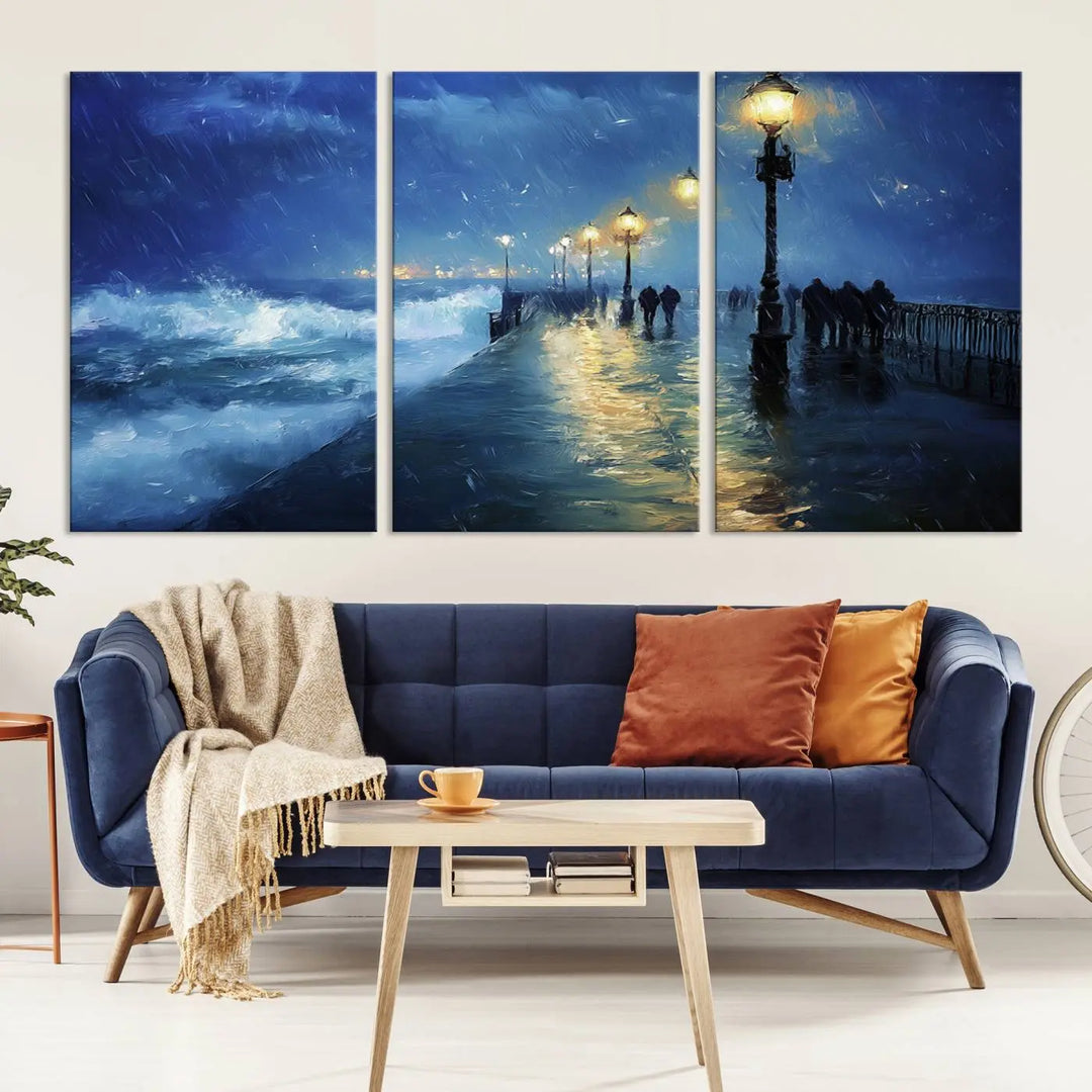 The "Storm Ocean Pier Canvas Wall Art Print - Large Moody Night Scene Print, Seaside Wall Decor" captures the essence of a rainy, stormy ocean pier.