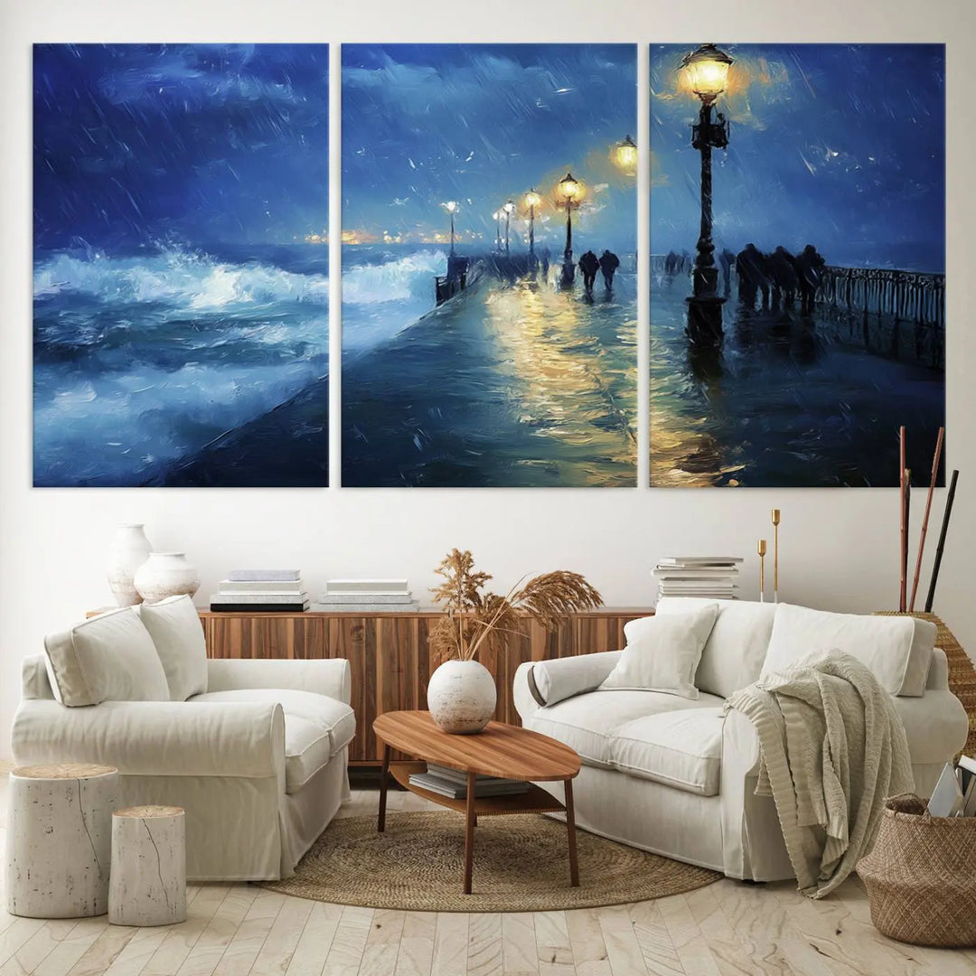 The "Storm Ocean Pier Canvas Wall Art Print - Large Moody Night Scene Print, Seaside Wall Decor" captures the essence of a rainy, stormy ocean pier.