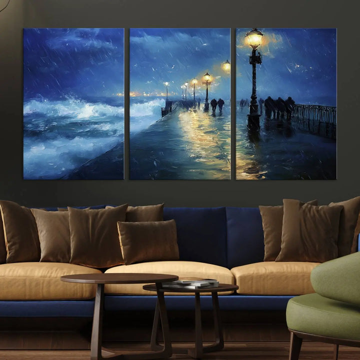 The "Storm Ocean Pier Canvas Wall Art Print - Large Moody Night Scene Print, Seaside Wall Decor" captures the essence of a rainy, stormy ocean pier.