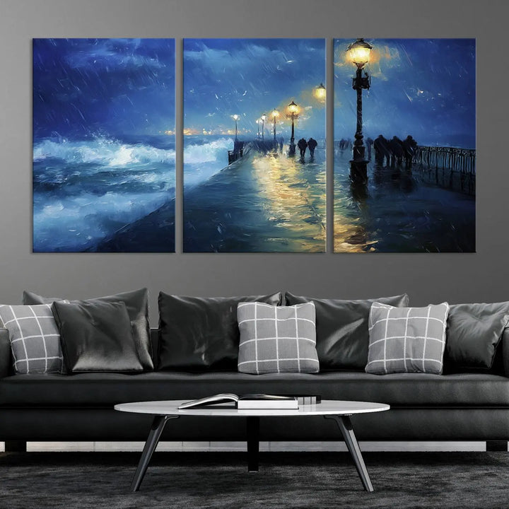 The "Storm Ocean Pier Canvas Wall Art Print - Large Moody Night Scene Print, Seaside Wall Decor" captures the essence of a rainy, stormy ocean pier.