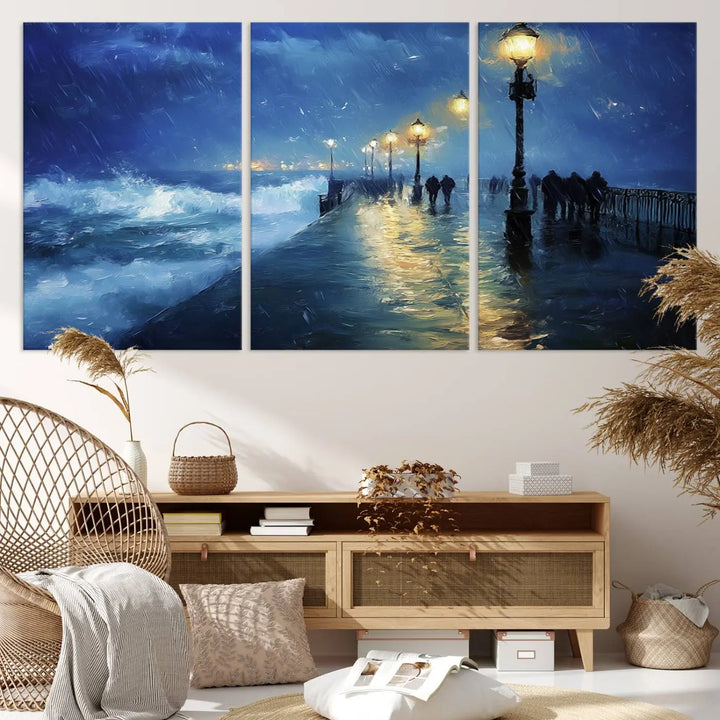 The "Storm Ocean Pier Canvas Wall Art Print - Large Moody Night Scene Print, Seaside Wall Decor" captures the essence of a rainy, stormy ocean pier.