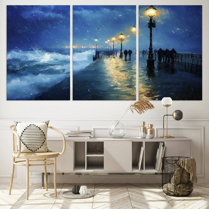 The "Storm Ocean Pier Canvas Wall Art Print - Large Moody Night Scene Print, Seaside Wall Decor" captures the essence of a rainy, stormy ocean pier.