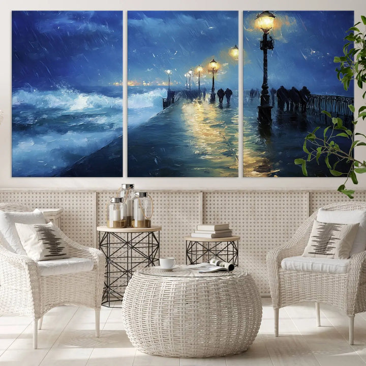 The "Storm Ocean Pier Canvas Wall Art Print - Large Moody Night Scene Print, Seaside Wall Decor" captures the essence of a rainy, stormy ocean pier.