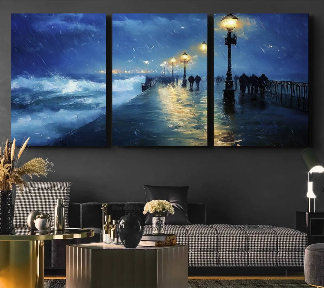 The "Storm Ocean Pier Canvas Wall Art Print - Large Moody Night Scene Print, Seaside Wall Decor" captures the essence of a rainy, stormy ocean pier.