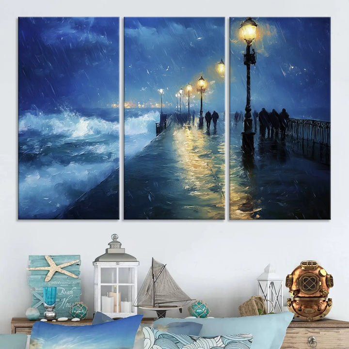 The "Storm Ocean Pier Canvas Wall Art Print - Large Moody Night Scene Print, Seaside Wall Decor" captures the essence of a rainy, stormy ocean pier.