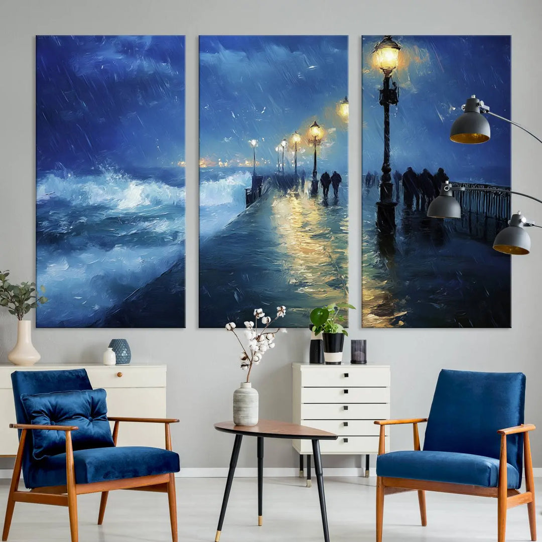 The "Storm Ocean Pier Canvas Wall Art Print - Large Moody Night Scene Print, Seaside Wall Decor" captures the essence of a rainy, stormy ocean pier.