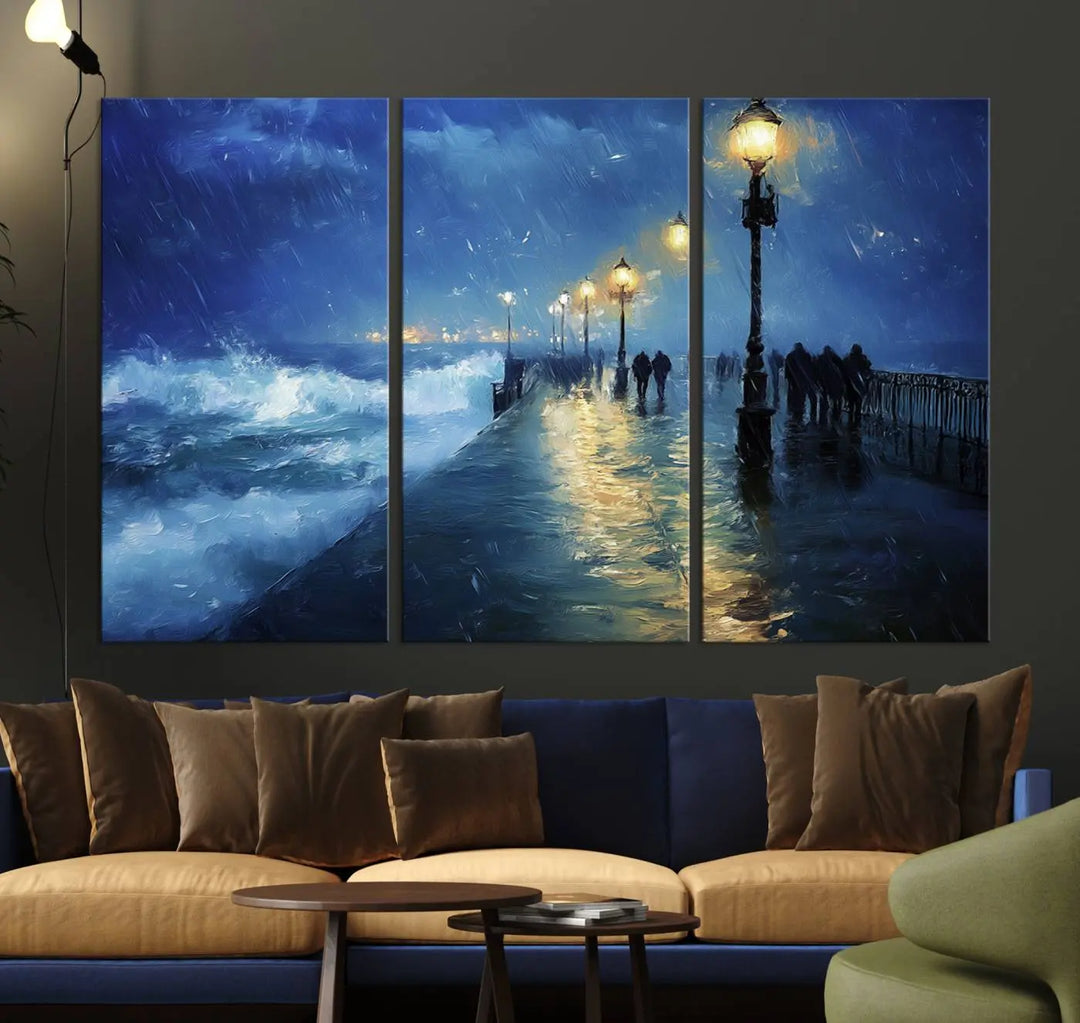 The "Storm Ocean Pier Canvas Wall Art Print - Large Moody Night Scene Print, Seaside Wall Decor" captures the essence of a rainy, stormy ocean pier.