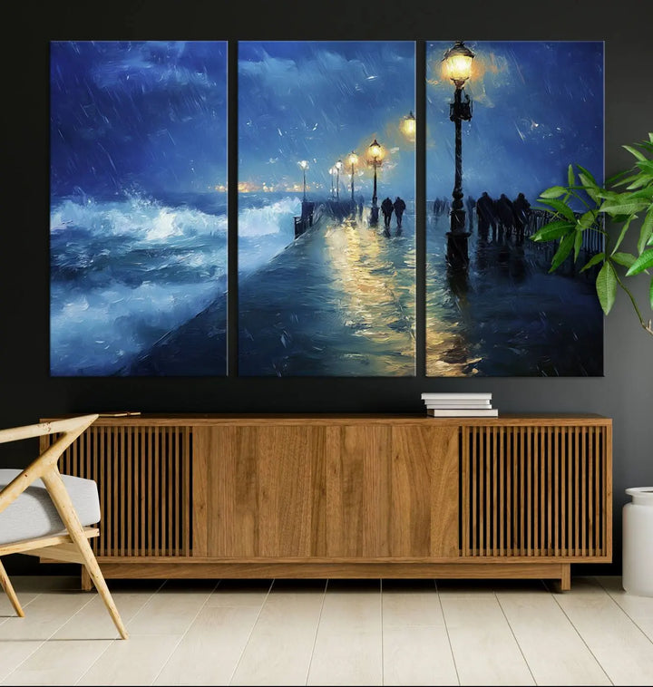 The "Storm Ocean Pier Canvas Wall Art Print - Large Moody Night Scene Print, Seaside Wall Decor" captures the essence of a rainy, stormy ocean pier.