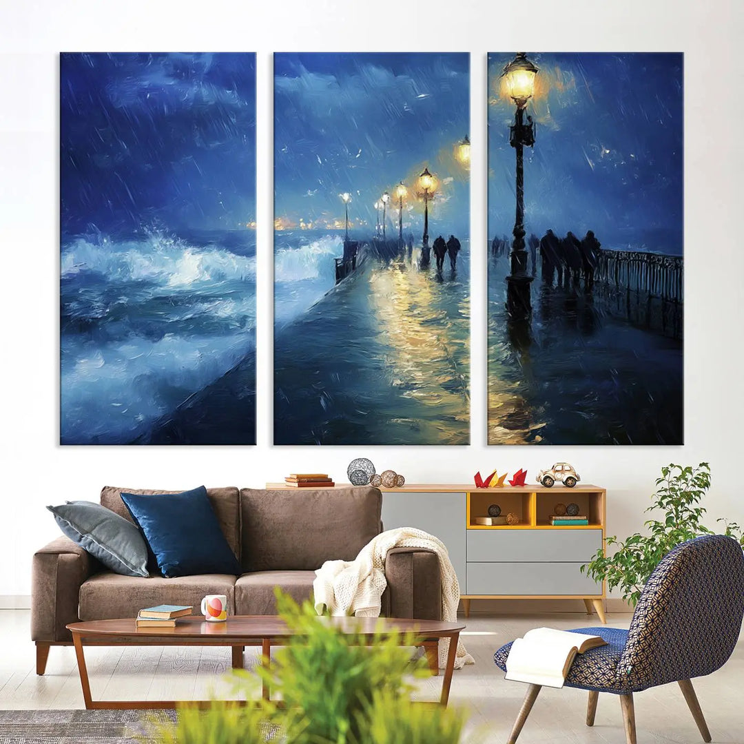 The "Storm Ocean Pier Canvas Wall Art Print - Large Moody Night Scene Print, Seaside Wall Decor" captures the essence of a rainy, stormy ocean pier.