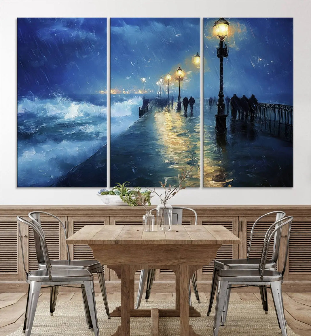 The "Storm Ocean Pier Canvas Wall Art Print - Large Moody Night Scene Print, Seaside Wall Decor" captures the essence of a rainy, stormy ocean pier.