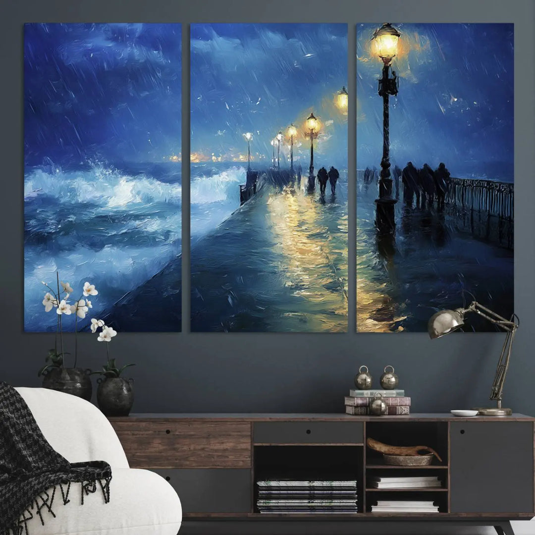 The "Storm Ocean Pier Canvas Wall Art Print - Large Moody Night Scene Print, Seaside Wall Decor" captures the essence of a rainy, stormy ocean pier.