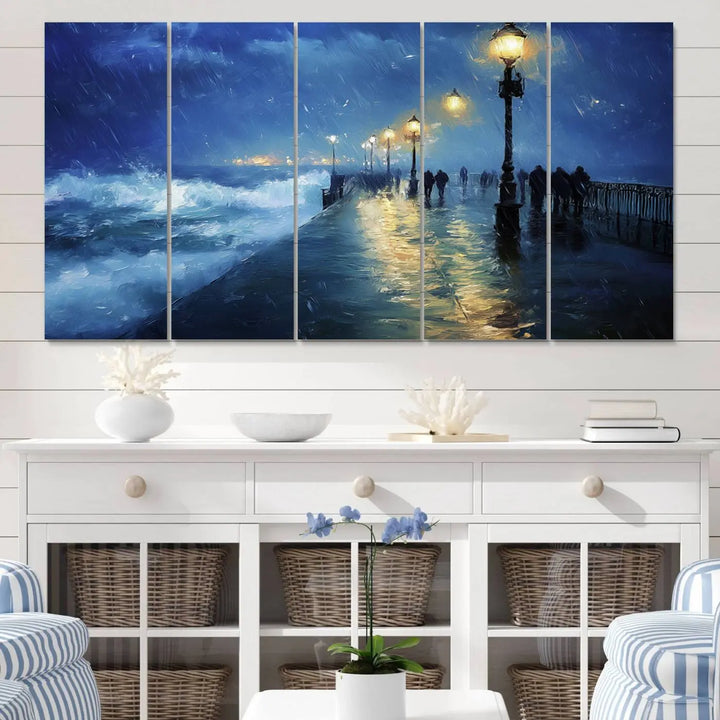 The "Storm Ocean Pier Canvas Wall Art Print - Large Moody Night Scene Print, Seaside Wall Decor" captures the essence of a rainy, stormy ocean pier.