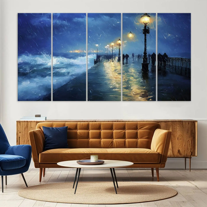 The "Storm Ocean Pier Canvas Wall Art Print - Large Moody Night Scene Print, Seaside Wall Decor" captures the essence of a rainy, stormy ocean pier.