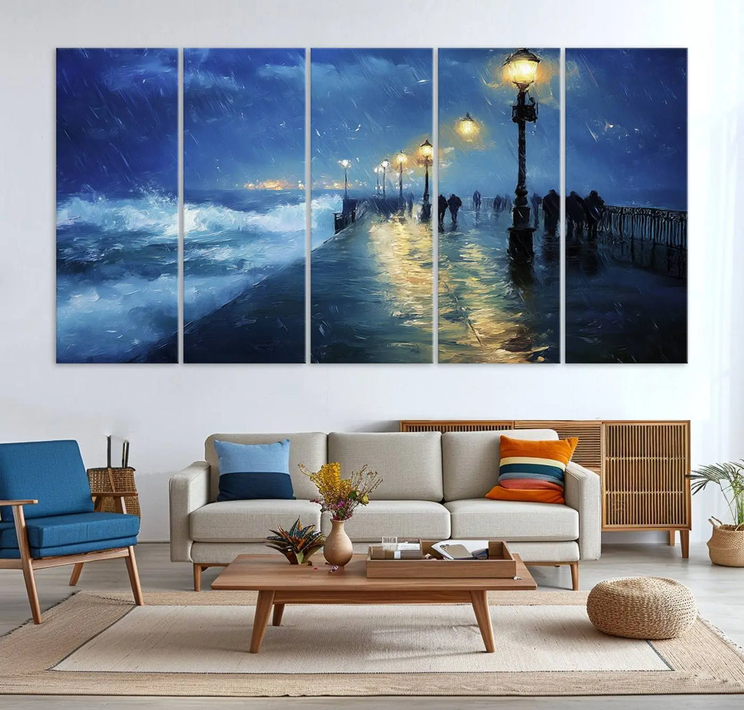 The "Storm Ocean Pier Canvas Wall Art Print - Large Moody Night Scene Print, Seaside Wall Decor" captures the essence of a rainy, stormy ocean pier.