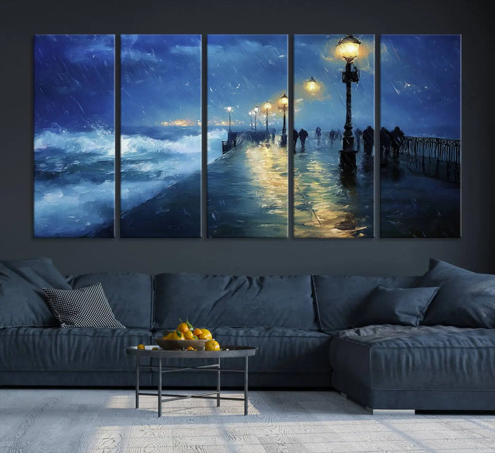 The "Storm Ocean Pier Canvas Wall Art Print - Large Moody Night Scene Print, Seaside Wall Decor" captures the essence of a rainy, stormy ocean pier.