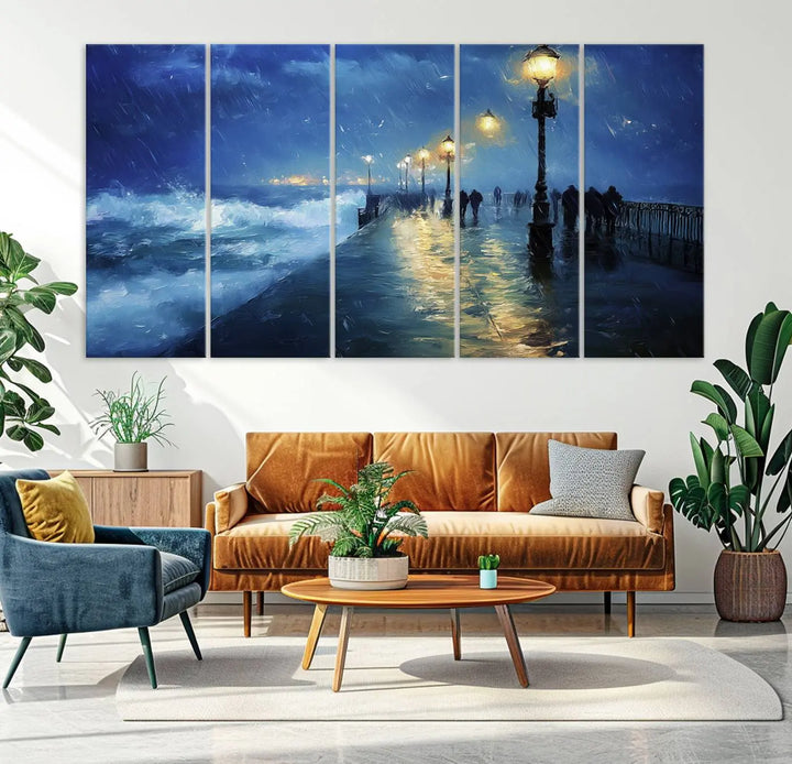 The "Storm Ocean Pier Canvas Wall Art Print - Large Moody Night Scene Print, Seaside Wall Decor" captures the essence of a rainy, stormy ocean pier.