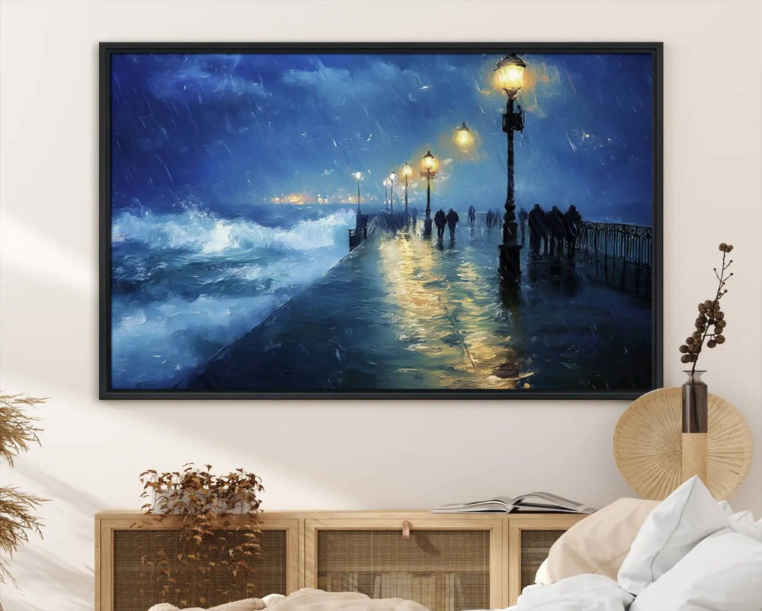 The "Storm Ocean Pier Canvas Wall Art Print - Large Moody Night Scene Print, Seaside Wall Decor" captures the essence of a rainy, stormy ocean pier.