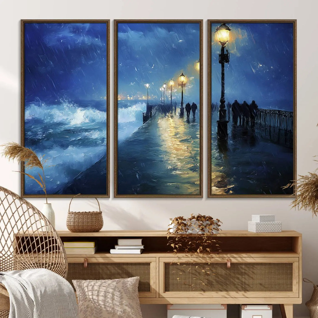 The "Storm Ocean Pier Canvas Wall Art Print - Large Moody Night Scene Print, Seaside Wall Decor" captures the essence of a rainy, stormy ocean pier.