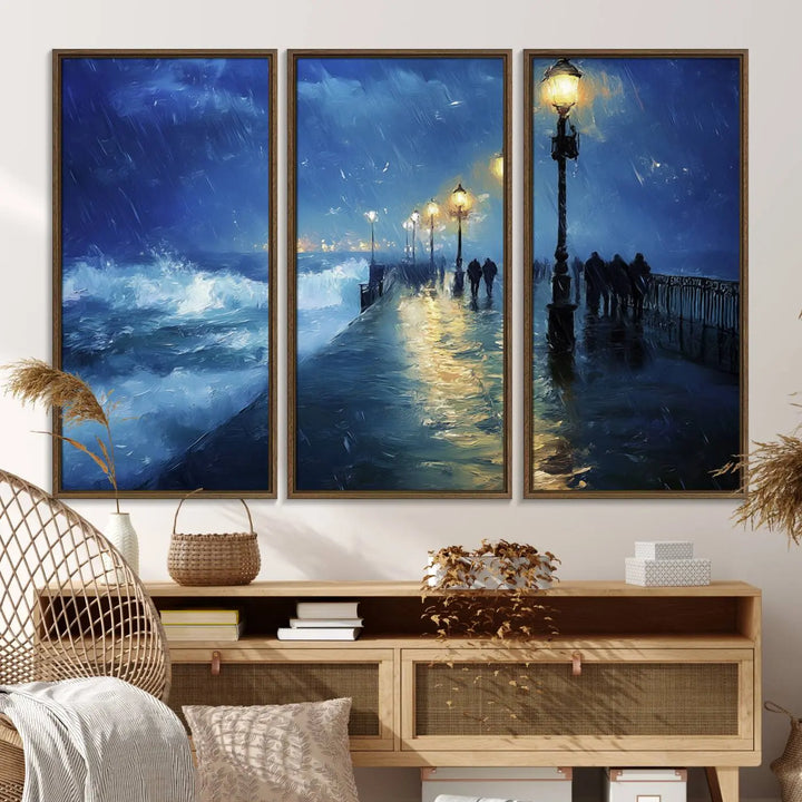 The "Storm Ocean Pier Canvas Wall Art Print - Large Moody Night Scene Print, Seaside Wall Decor" captures the essence of a rainy, stormy ocean pier.