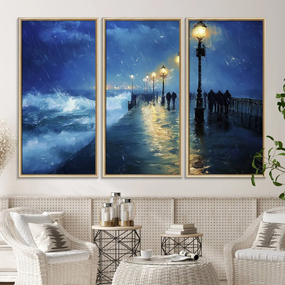 The "Storm Ocean Pier Canvas Wall Art Print - Large Moody Night Scene Print, Seaside Wall Decor" captures the essence of a rainy, stormy ocean pier.