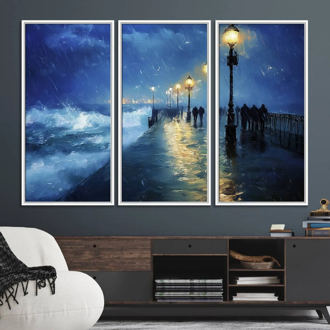 The "Storm Ocean Pier Canvas Wall Art Print - Large Moody Night Scene Print, Seaside Wall Decor" captures the essence of a rainy, stormy ocean pier.