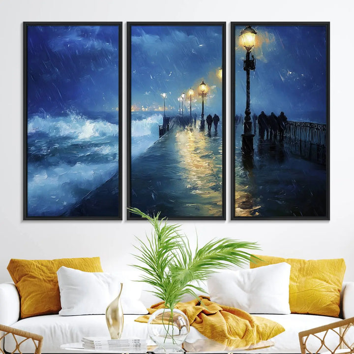 The "Storm Ocean Pier Canvas Wall Art Print - Large Moody Night Scene Print, Seaside Wall Decor" captures the essence of a rainy, stormy ocean pier.