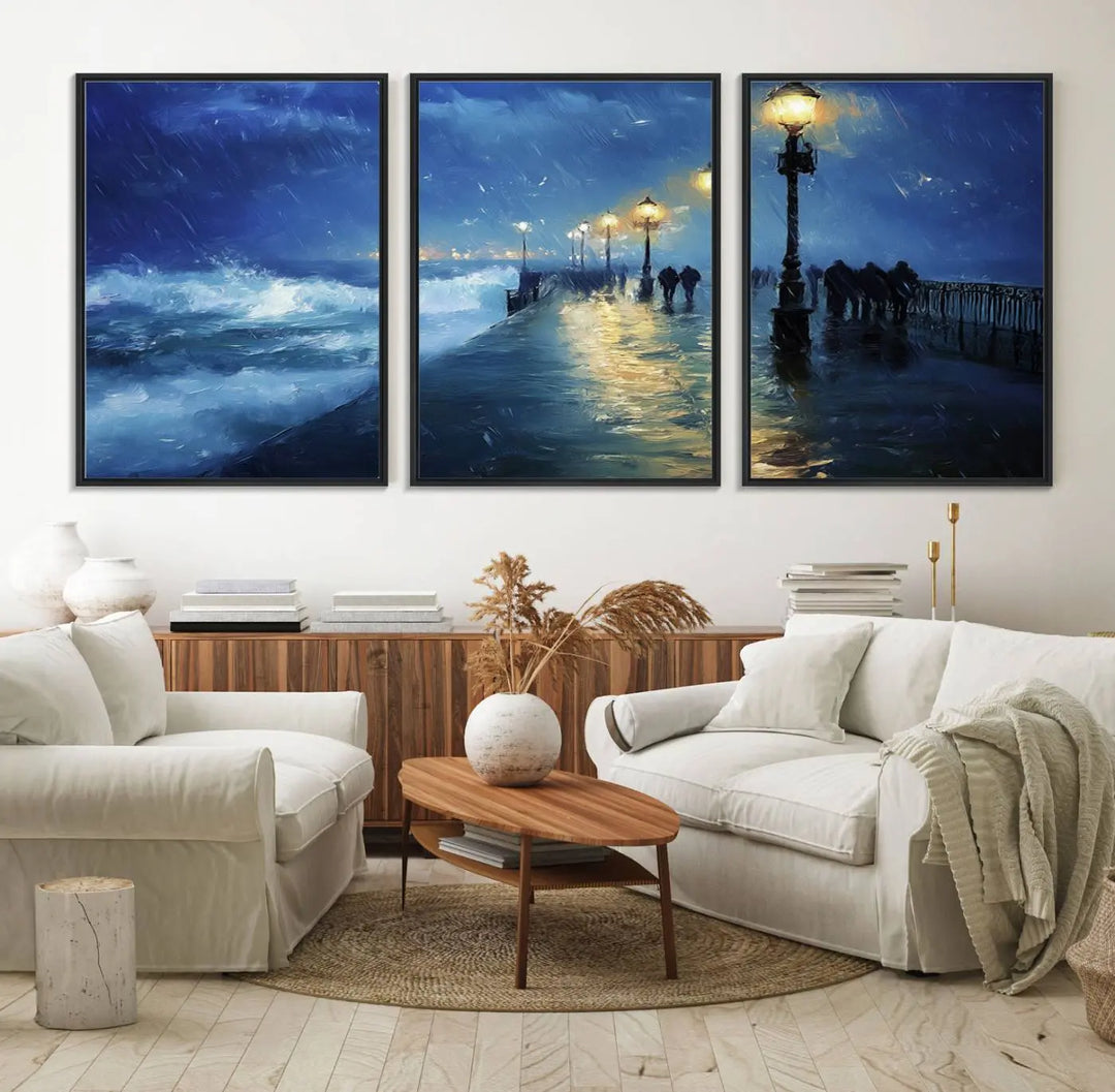 The "Storm Ocean Pier Canvas Wall Art Print - Large Moody Night Scene Print, Seaside Wall Decor" captures the essence of a rainy, stormy ocean pier.