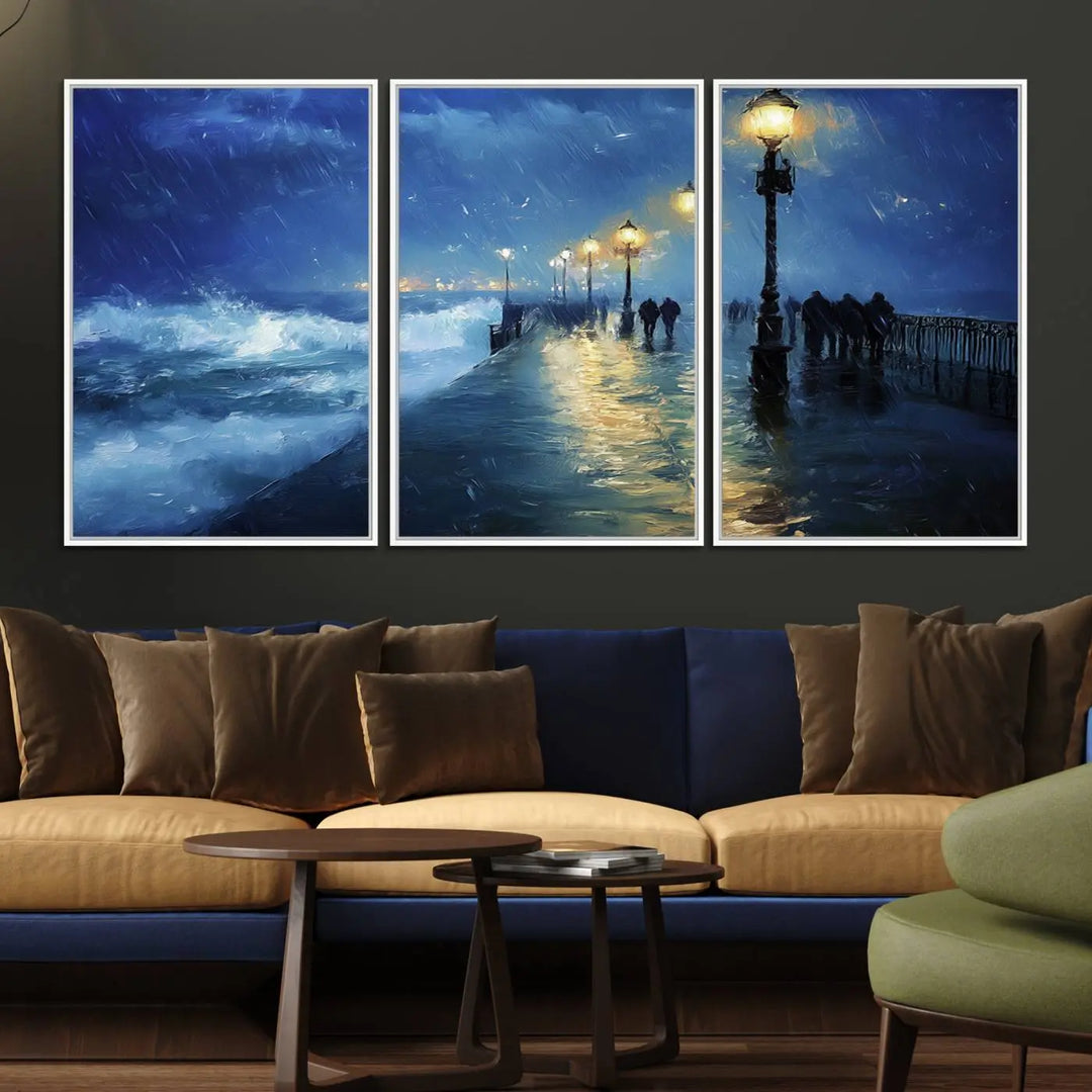 The "Storm Ocean Pier Canvas Wall Art Print - Large Moody Night Scene Print, Seaside Wall Decor" captures the essence of a rainy, stormy ocean pier.