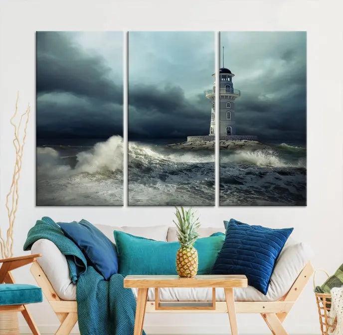 The Storm and Lighthouse Wall Art Canvas Print, crafted with museum-quality canvas and a UV-protective coating, is displayed prominently.