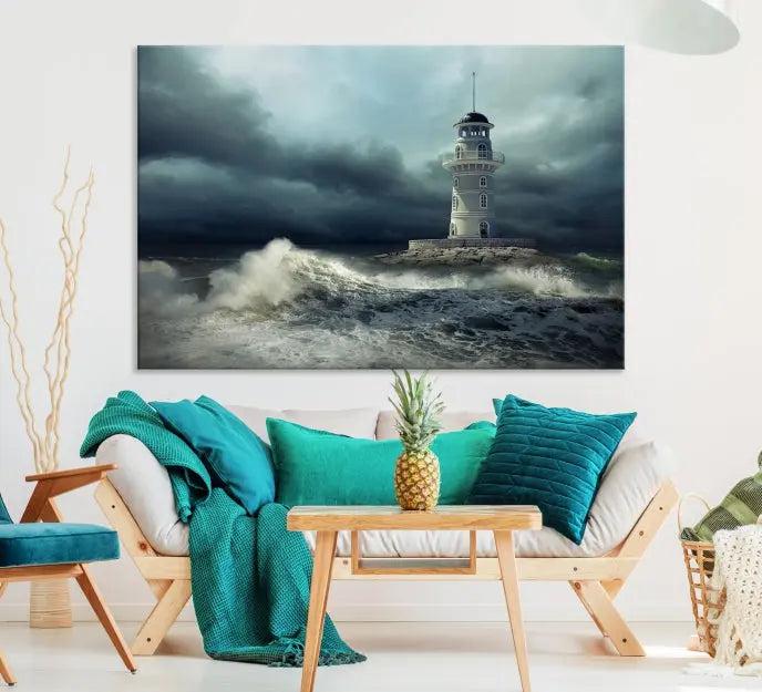 The Storm and Lighthouse Wall Art Canvas Print, crafted with museum-quality canvas and a UV-protective coating, is displayed prominently.