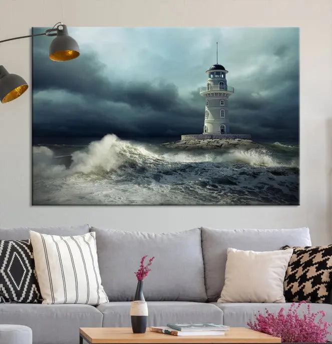 The Storm and Lighthouse Wall Art Canvas Print, crafted with museum-quality canvas and a UV-protective coating, is displayed prominently.