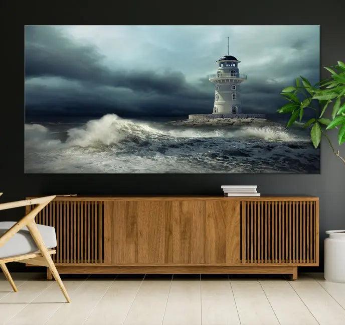 The Storm and Lighthouse Wall Art Canvas Print, crafted with museum-quality canvas and a UV-protective coating, is displayed prominently.