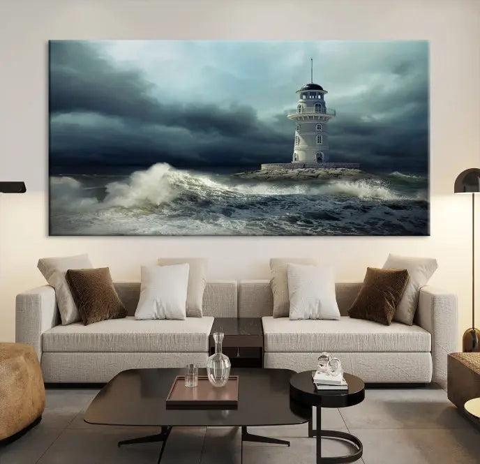 The Storm and Lighthouse Wall Art Canvas Print, crafted with museum-quality canvas and a UV-protective coating, is displayed prominently.