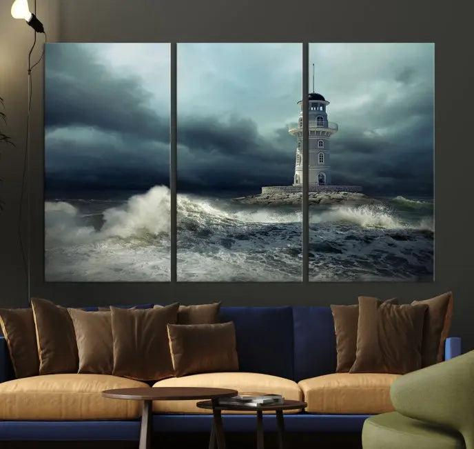 The Storm and Lighthouse Wall Art Canvas Print, crafted with museum-quality canvas and a UV-protective coating, is displayed prominently.