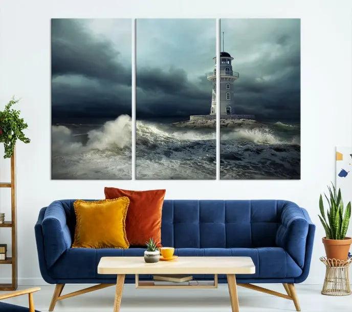 The Storm and Lighthouse Wall Art Canvas Print, crafted with museum-quality canvas and a UV-protective coating, is displayed prominently.