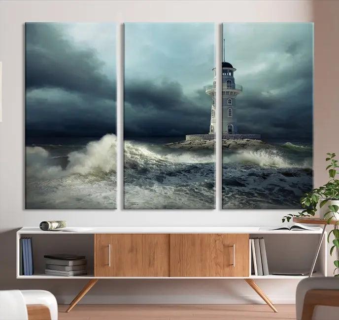 The Storm and Lighthouse Wall Art Canvas Print, crafted with museum-quality canvas and a UV-protective coating, is displayed prominently.