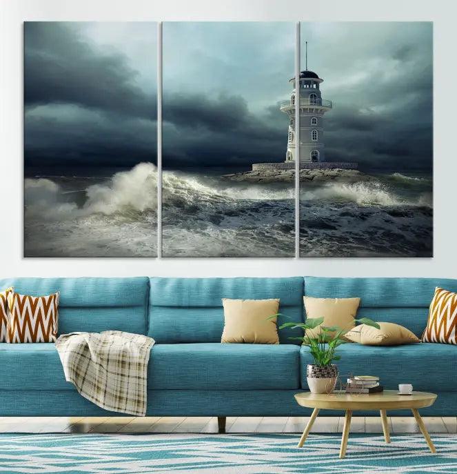 The Storm and Lighthouse Wall Art Canvas Print, crafted with museum-quality canvas and a UV-protective coating, is displayed prominently.