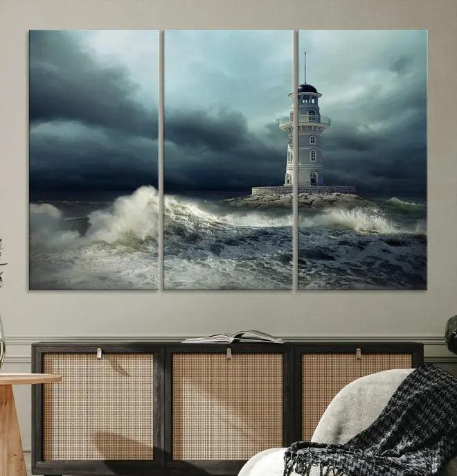 The Storm and Lighthouse Wall Art Canvas Print, crafted with museum-quality canvas and a UV-protective coating, is displayed prominently.