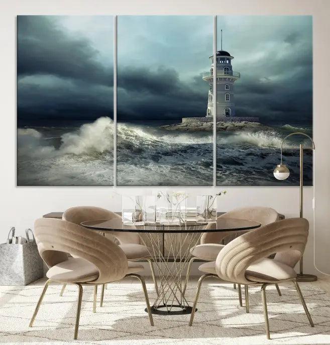 The Storm and Lighthouse Wall Art Canvas Print, crafted with museum-quality canvas and a UV-protective coating, is displayed prominently.