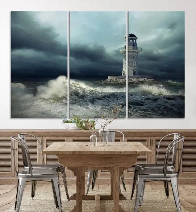 The Storm and Lighthouse Wall Art Canvas Print, crafted with museum-quality canvas and a UV-protective coating, is displayed prominently.