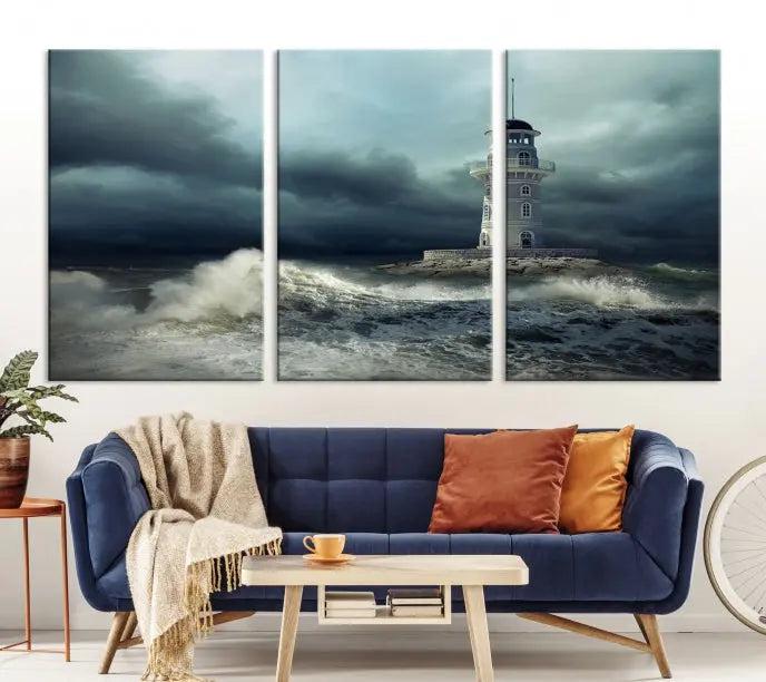 The Storm and Lighthouse Wall Art Canvas Print, crafted with museum-quality canvas and a UV-protective coating, is displayed prominently.