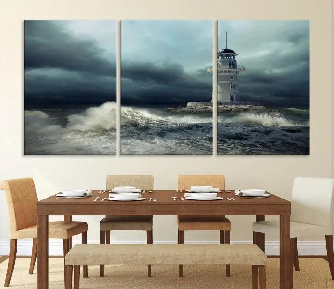 The Storm and Lighthouse Wall Art Canvas Print, crafted with museum-quality canvas and a UV-protective coating, is displayed prominently.